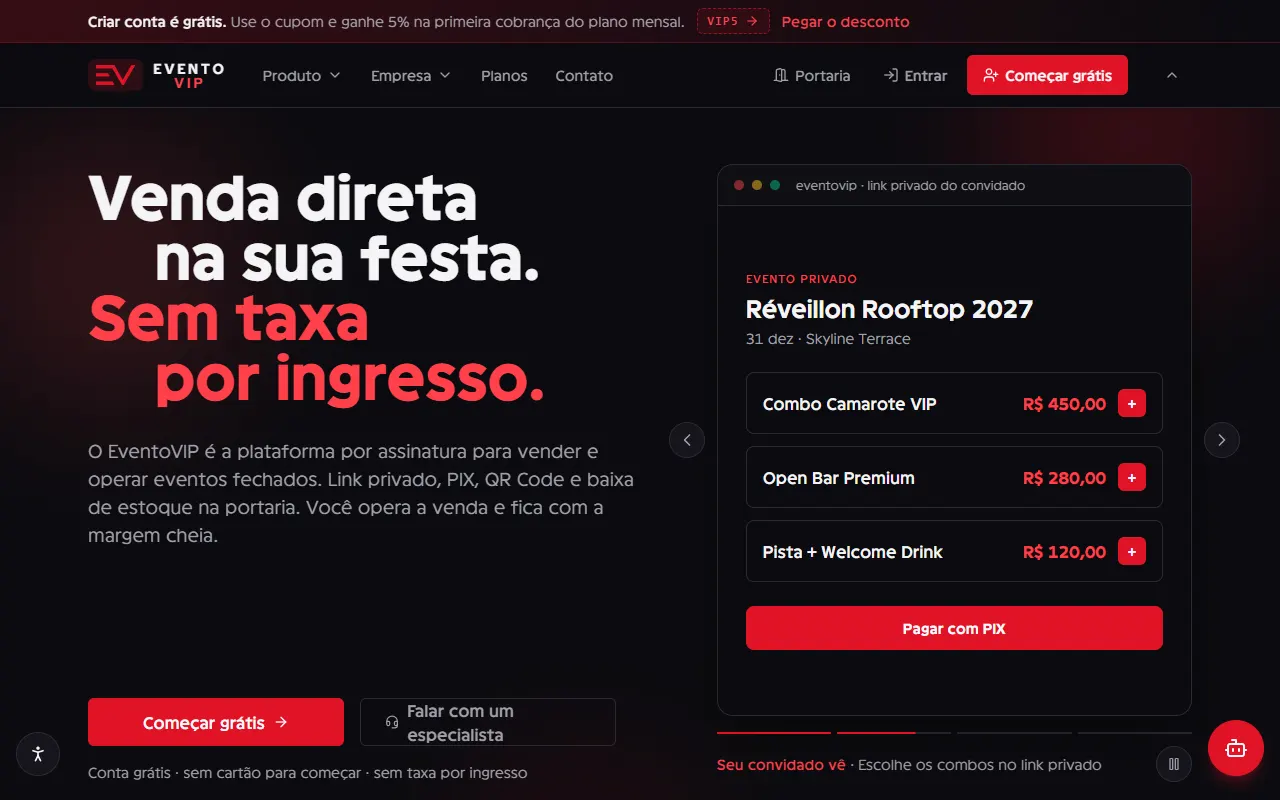 Página inicial do Evento VIP: "Venda direta na sua festa. Sem taxa por ingresso." ao lado do link privado de um evento de demonstração, com combos e pagamento por Pix.