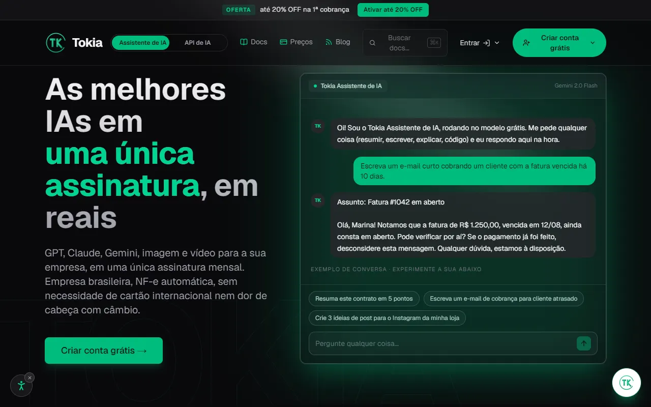Página do Tokia Assistente de IA: "As melhores IAs em uma única assinatura, em reais" ao lado de uma conversa de exemplo com o assistente.